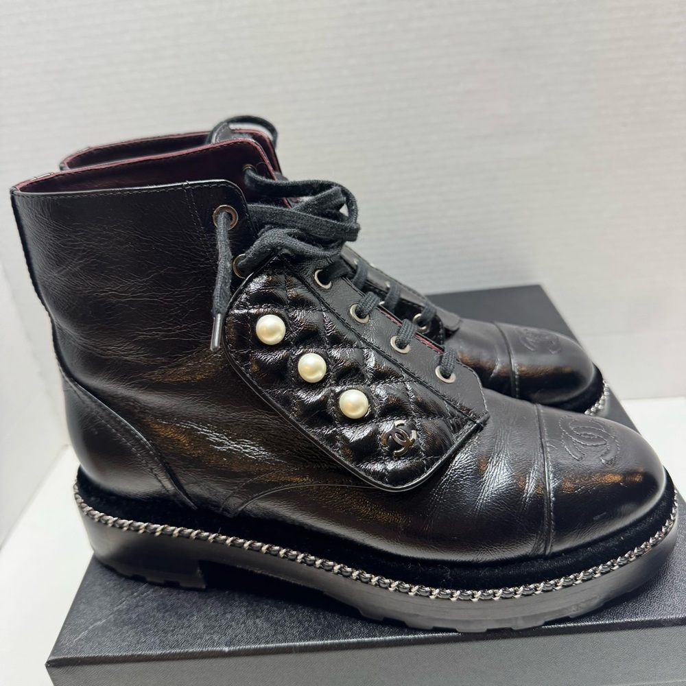 CHANEL Black Leather Boots with Pearl Accents